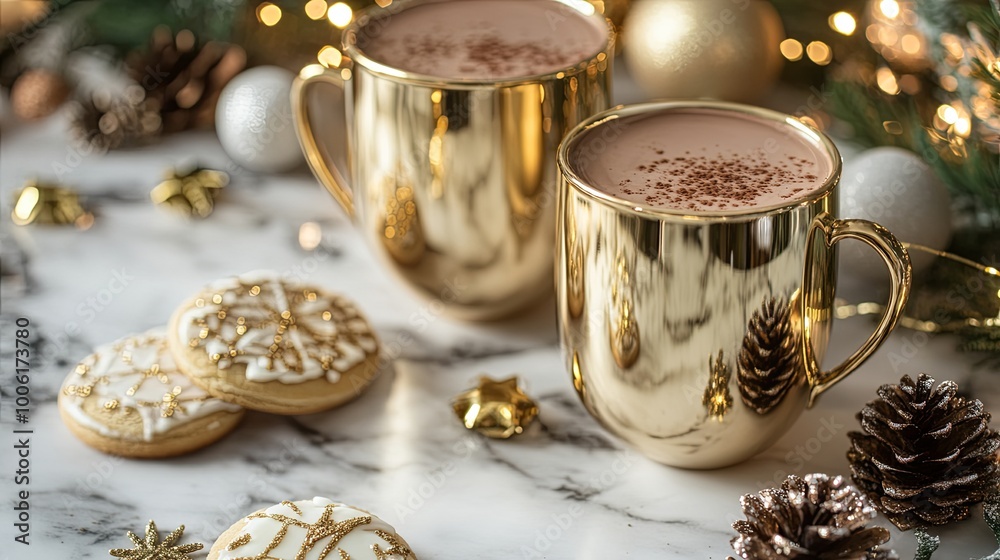 Fototapeta premium Two golden mugs filled with hot chocolate beside decorated cookies and festive ornaments on a marble surface.
