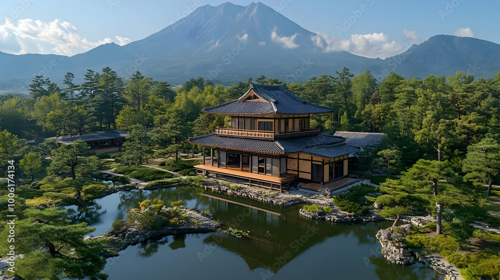 Fototapeta premium Serene Japanese Garden with Traditional House and Mountain View