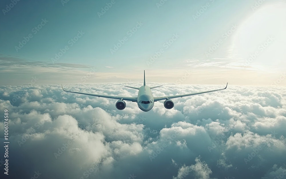 Fototapeta premium A commercial airplane flying above fluffy clouds under a clear sky, symbolizing travel and adventure.