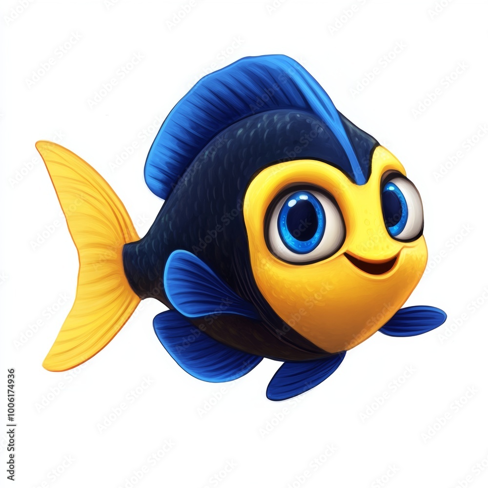 Naklejka premium A cheerful, cartoon-style regal tang with vibrant colors and big eyes.