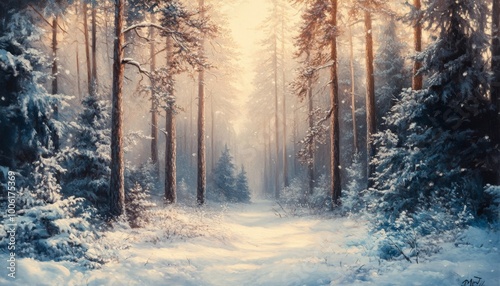 A snowy path through a winter forest at sunrise.