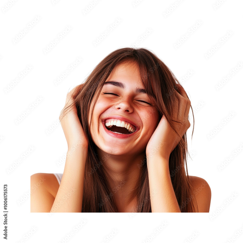 Happy Young Woman Laughing with Hands on Her Head Happy Young Woman Laughing with Hands on Her Head