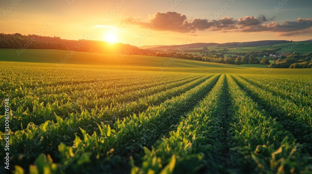 Obraz premium Sunset over a Green Field