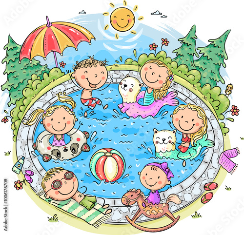 Cute happy kids playing in an swimming pool having fun, summer outdoor activity. Cartoon vector illustration
