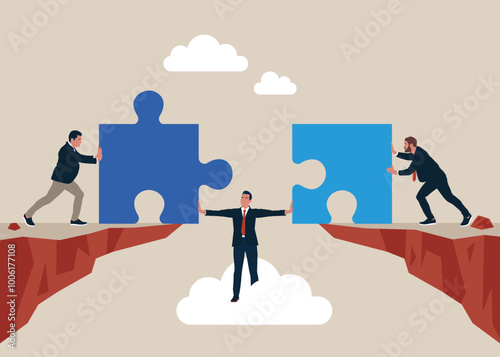 Businessman separating jigsaw piece does not allow to build a bridge. Conflict and argument between colleagues, difference opinion, disagree, confrontation. Flat vector illustration