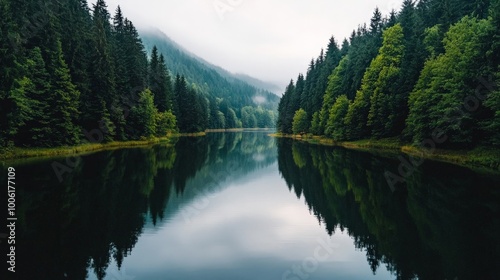 A peaceful forest clearing with a small lake reflecting the surrounding trees and the distant mountains, creating a scene of perfect natural harmony