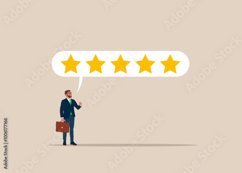 Customer loyalty, best user experience 5 stars rating on customer service. Сonfidence businessman giving 5 stars rating. Flat vector illustration