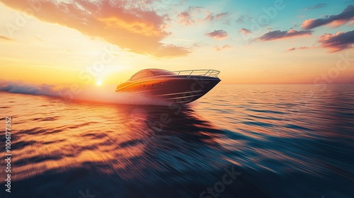 A sleek boat racing across the water at sunset, creating a dynamic scene of leisure and adventure.