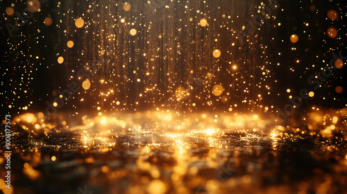 Golden fireworks fall gracefully like rain, illuminating the night with a soft, sparkling light that celebrates the holiday spirit.