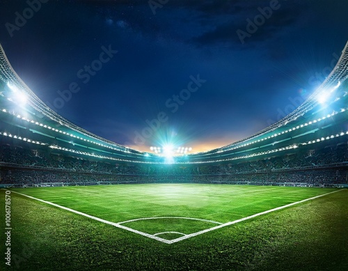 A football stadium lights up the night sky as the green pitch gleams under the floodlights, setting the stage for an exciting match.