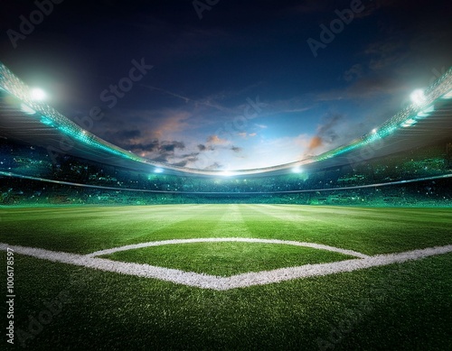 A football stadium lights up the night sky as the green pitch gleams under the floodlights, setting the stage for an exciting match.