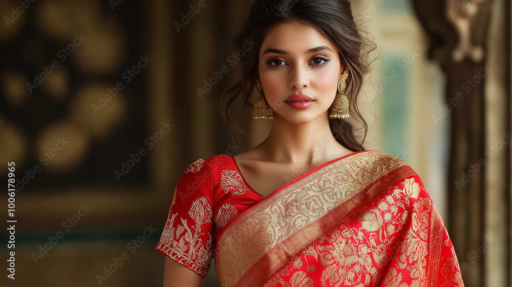 A stunning Indian woman draped in a vibrant red silk saree with intricate gold embroidery standing gracefully in a traditional pose A stunning Indian woman draped in a vibrant red silk saree with intricate gold embroidery standing gracefully in a traditional pose