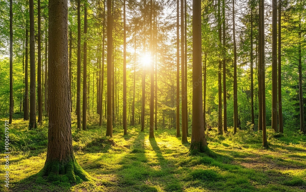 Fototapeta premium A serene forest scene with sunlight filtering through tall trees, illuminating the lush green undergrowth.