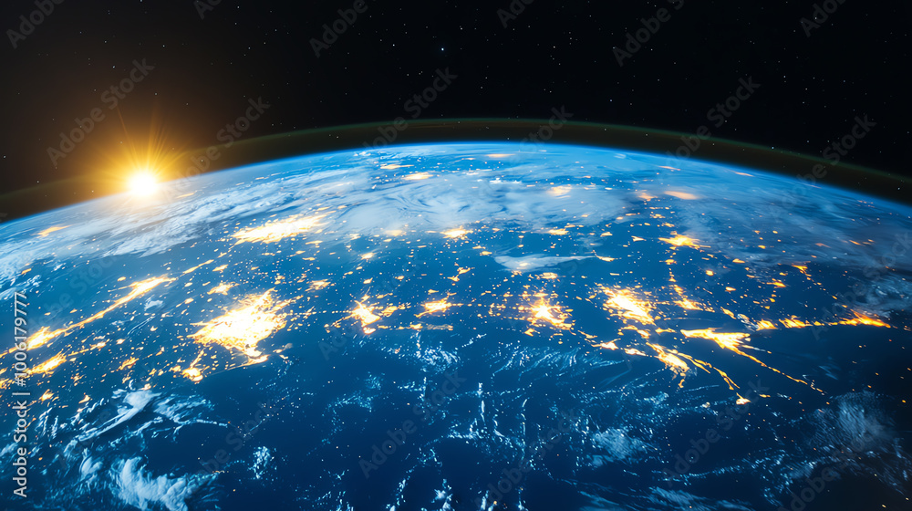 Fototapeta premium Earth from space with glowing cities and sunrise detail.