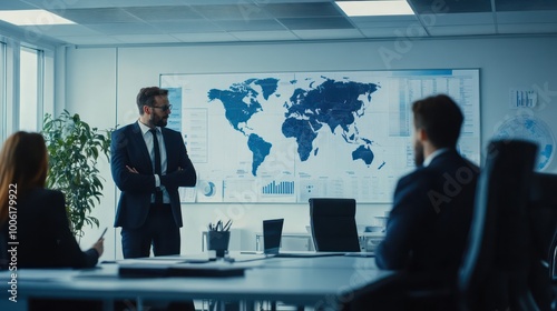 Wallpaper Mural A global business team discussing international logistics and supply chain management, modern office with whiteboards and charts Torontodigital.ca