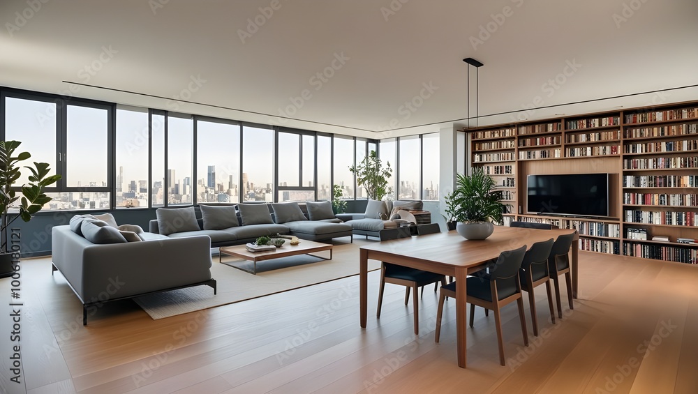 Fototapeta premium A spacious open-plan living room with a modern gray sofa