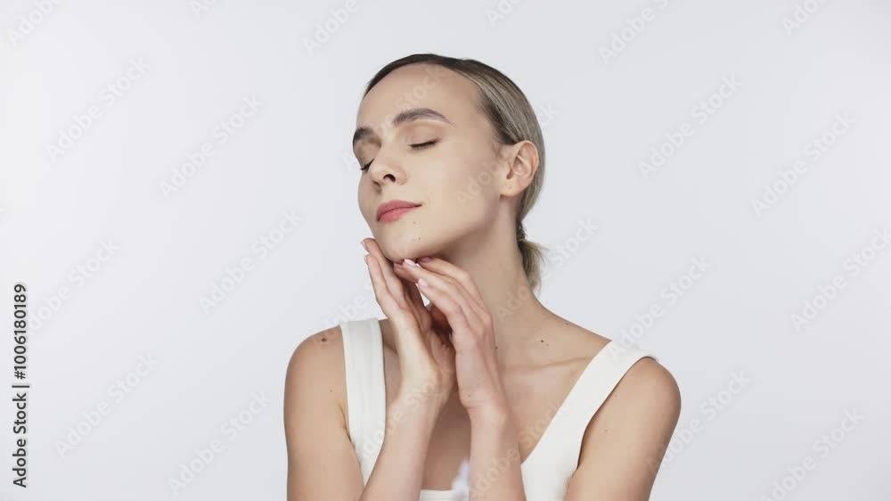 A young, beautiful woman stands against a white background, enjoying her beauty as a syringe appears in front of her. This image embodies self-confidence and the realm of cosmetic procedures. A young, beautiful woman stands against a white background, enjoying her beauty as a syringe appears in front of her. This image embodies self-confidence and the realm of cosmetic procedures.