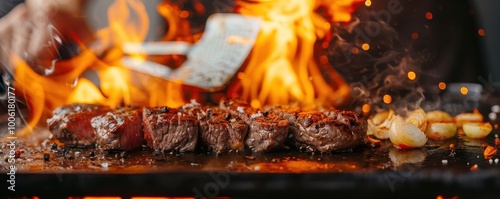 Grilled beef teppanyaki cooking on hot iron griddle with flames and sesame seeds.