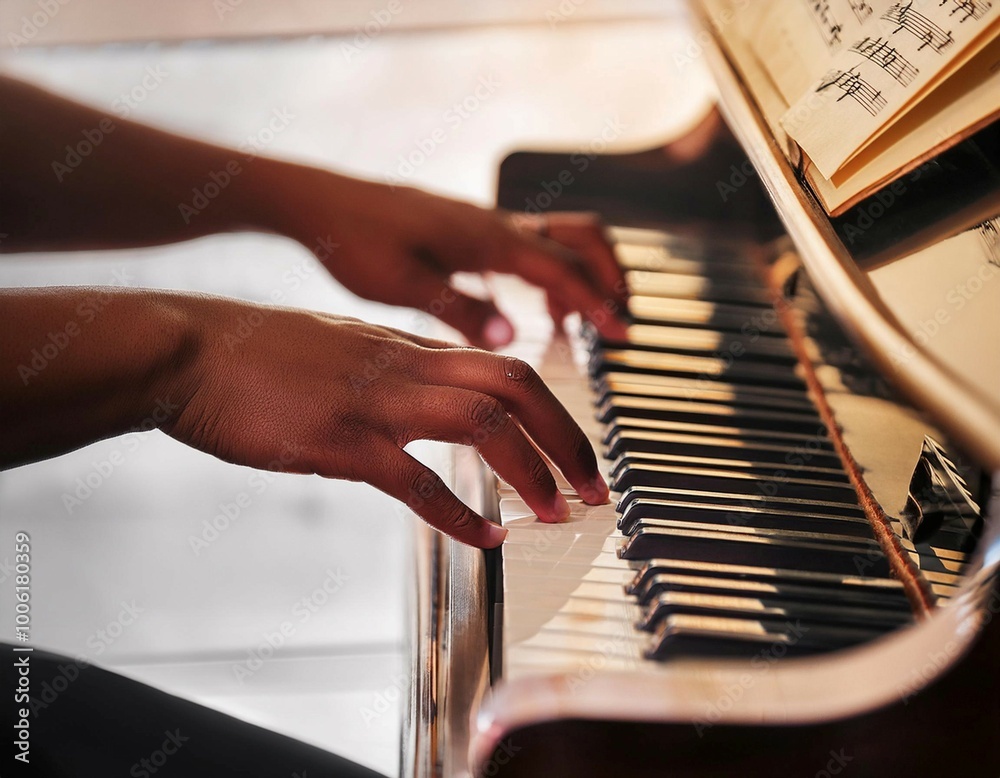 Piano and music keys featuring elements like piano keys sheet music