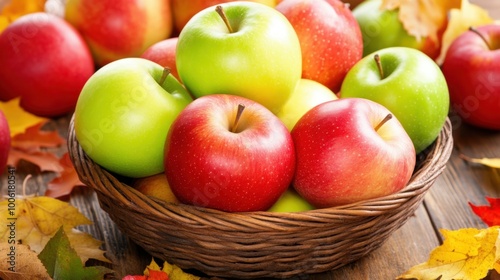 A basket of assorted apples with different colors (red, green, yellow), placed on a rustic wooden table with autumn leaves scattered around.