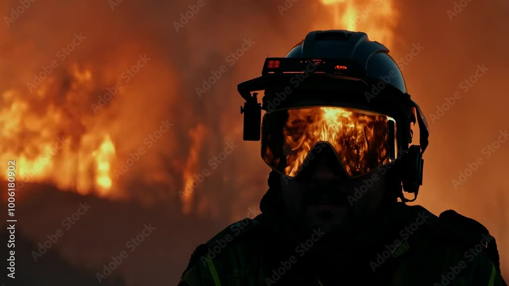 Close-up of a firefighter wearing a gas mask and helmet, with reflective goggles showing raging flames from an intense wildfire in the background.
Close-up of a firefighter wearing a gas mask and helmet, with reflective goggles showing raging flames from an intense wildfire in the background.