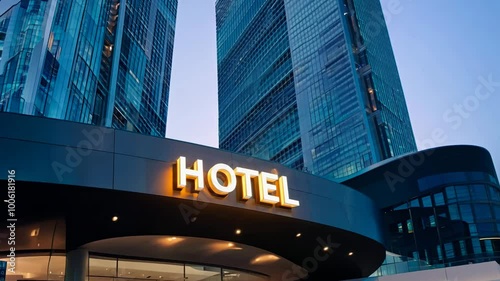 A sleek hotel entrance with glowing signage, set against towering glass skyscrapers, showcasing modern architecture and urban luxury.
