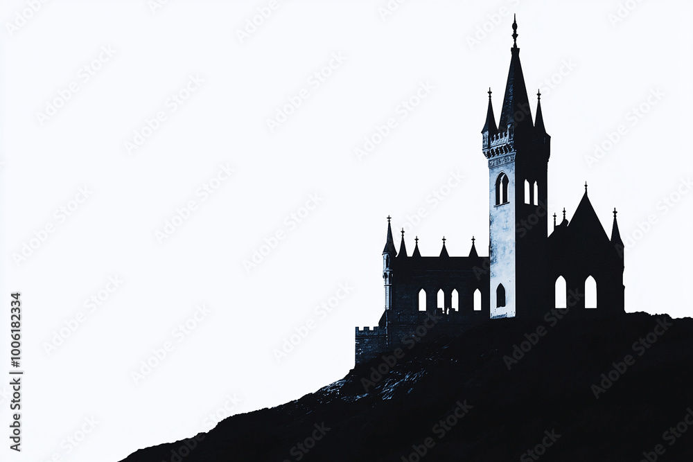 a Gothic-style turret silhouette on a minimalist white background, perfect for poster designs with text space to the left a Gothic-style turret silhouette on a minimalist white background, perfect for poster designs with text space to the left
