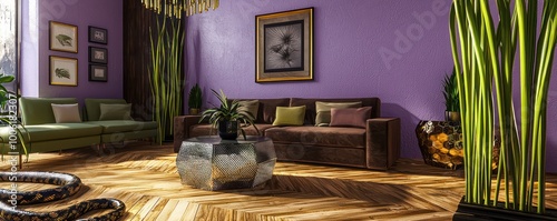 An inviting living room with bamboo flooring, lavender walls, and a chocolate brown sofa A hexagonal aluminum coffee table, sage frames, and tall snake plants A contemporary black and gold chandelier photo