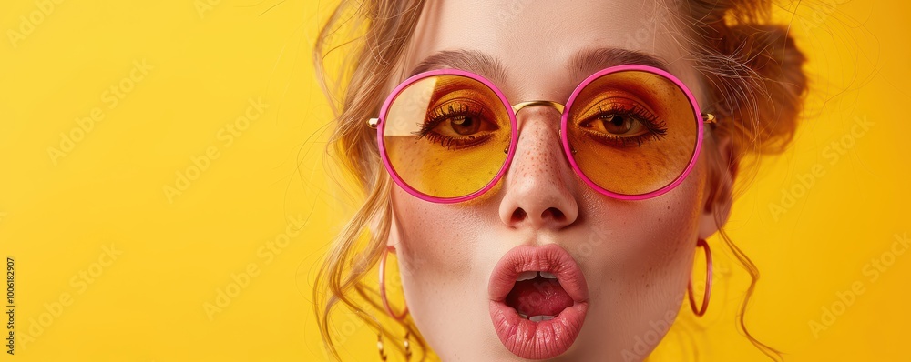 Stylish woman making a bold fashion statement with colorful sunglasses and piercings. Free copy space for banner. Stylish woman making a bold fashion statement with colorful sunglasses and piercings. Free copy space for banner.