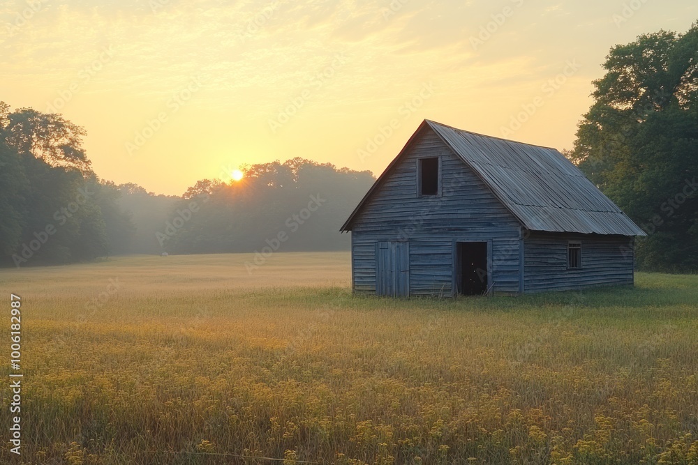 Sunrise Over a Rustic Barn in a Field Sunrise Over a Rustic Barn in a Field