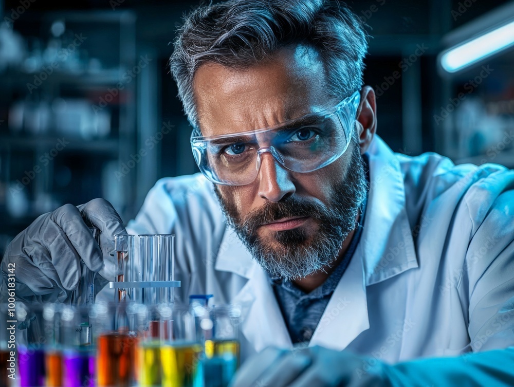 A portrait of a scientist in a lab coat, carefully examining a test tube filled with colorful chemicals, scientific lab with advanced equipment in the background A portrait of a scientist in a lab coat, carefully examining a test tube filled with colorful chemicals, scientific lab with advanced equipment in the background