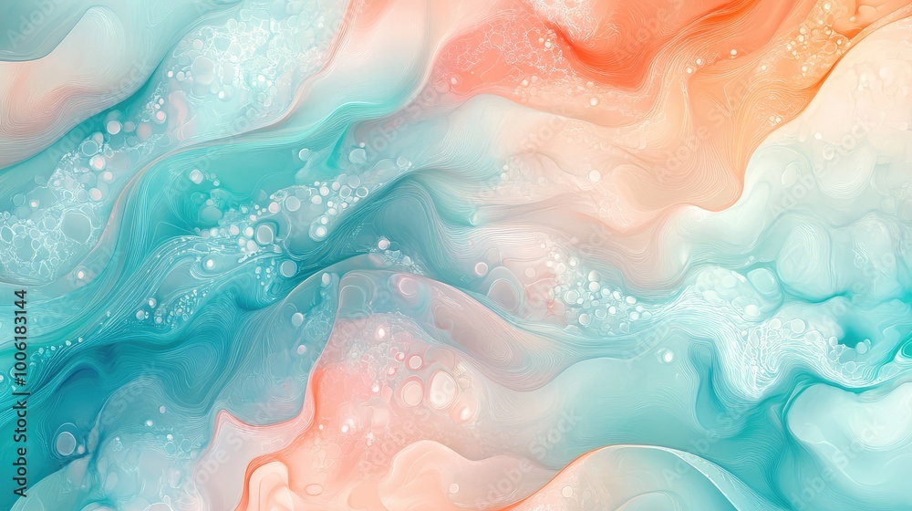 Fototapeta premium Fluid wave patterns in turquoise and coral, blending in an abstract ocean-inspired background, with soft gradients and swirling forms.
