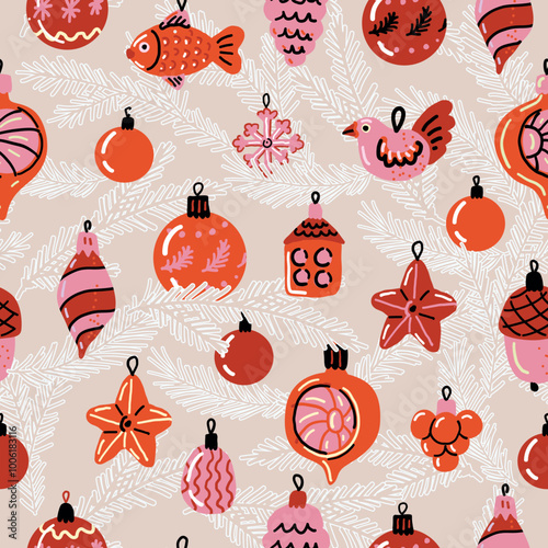 Red Christmas baubles with fir branches. Vintage Christmas glass on pink background. Retro ornament seamless pattern.