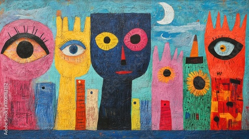 Colorful abstract figures with expressive eyes and shapes.