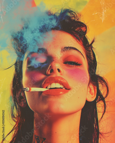 psychedelic crazy happy woman or girl with cigar or cigarette, smoking a marihuana joint, weed, ganja, funny expression, trippy face, vintage poster