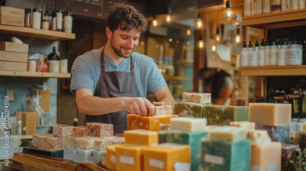 A local artisanal soap shop with a small business owner crafting handmade soaps, natural ingredients on display, colorful packaging A local artisanal soap shop with a small business owner crafting handmade soaps, natural ingredients on display, colorful packaging