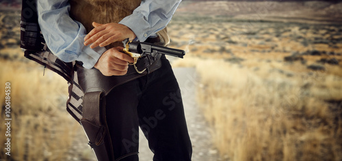 Cuadro en lienzo Cowboy posing with gun in holster at high noon western style duel