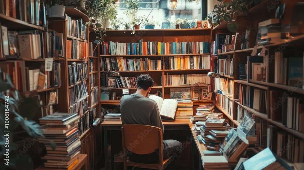 A local bookstore with a small business owner arranging books on shelves, cozy reading area, natural wood and warm lighting A local bookstore with a small business owner arranging books on shelves, cozy reading area, natural wood and warm lighting