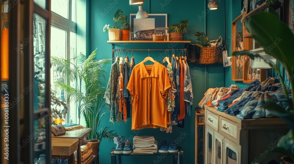 A local boutique with a small business owner arranging clothes, trendy decor, personalized customer service experience A local boutique with a small business owner arranging clothes, trendy decor, personalized customer service experience