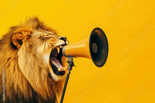 Powerful Lion Roaring into a Megaphone