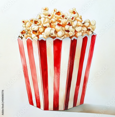 Freshly popped popcorn in classic red and white striped container on a soft p...