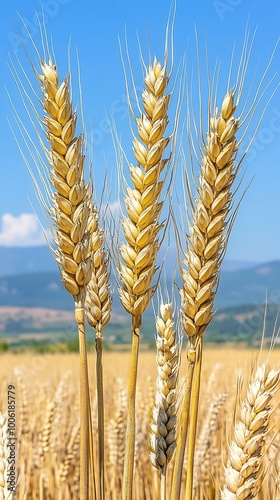 A detailed close-up panoramic view of golden wheat fields gently swaying in the breeze under a clear azure sky during a vibrant sunset. Warm sunlight casts a golden glow over the landscape.