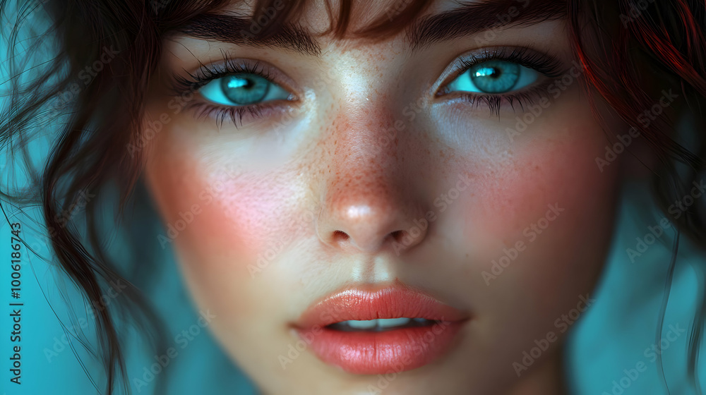 Close Up Portrait of a Woman with Freckles, Blue Eyes and Pink Lips. Close Up Portrait of a Woman with Freckles, Blue Eyes and Pink Lips.