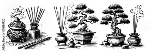 artistic bonsai trees with twisted branches and pots, black vector illustration