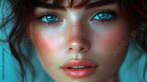 Close Up Portrait of a Woman with Freckles, Blue Eyes and Pink Lips.