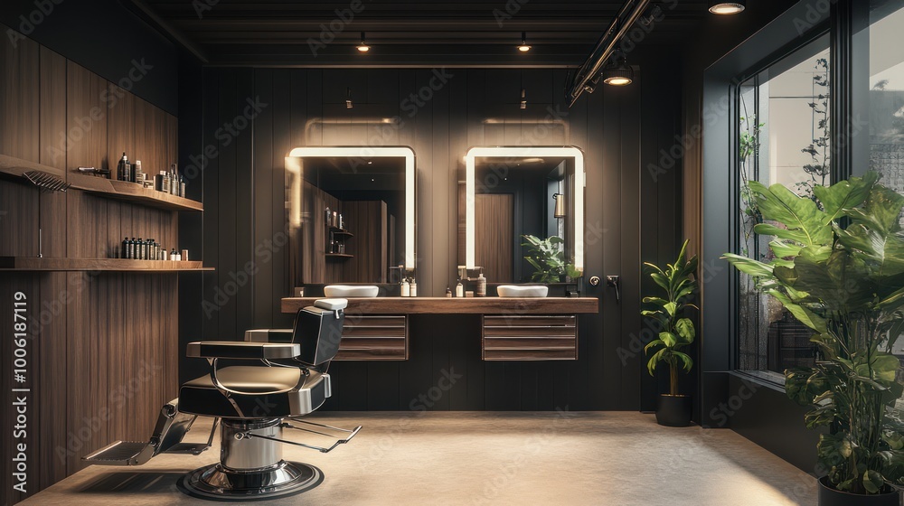 A small business barbershop with a barber styling a customer's hair, modern interior with sleek decor and professional tools A small business barbershop with a barber styling a customer's hair, modern interior with sleek decor and professional tools