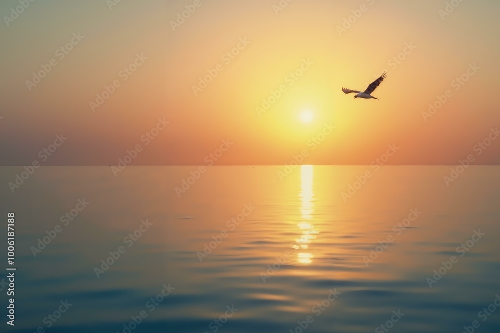 Serene sunrise over calm ocean with soaring bird - peaceful morning scene Serene sunrise over calm ocean with soaring bird - peaceful morning scene