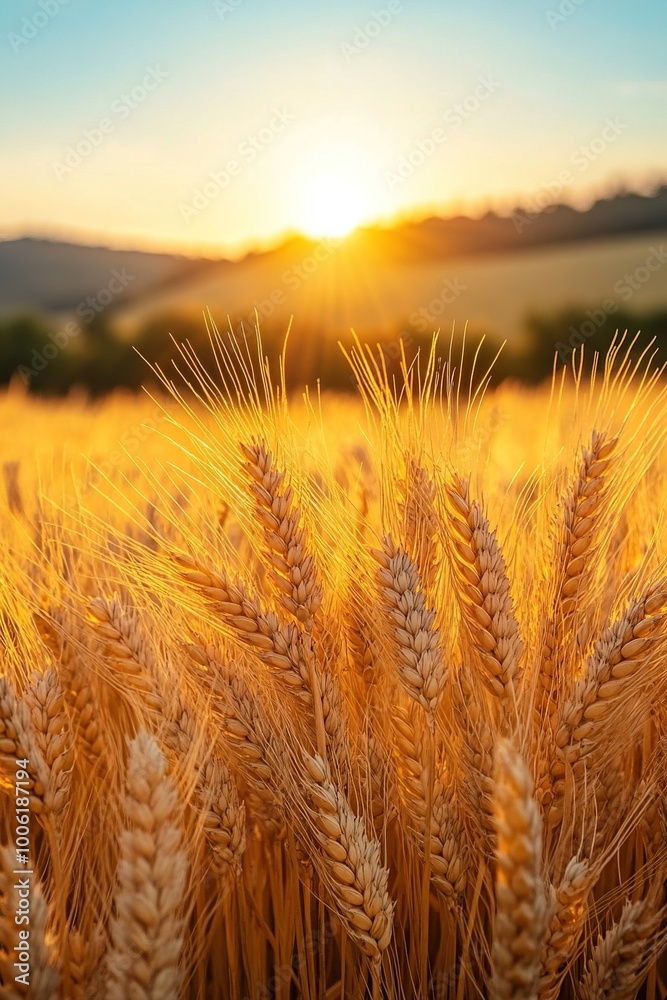 A detailed close-up panoramic view of golden wheat fields gently swaying in the breeze under a clear azure sky during a vibrant sunset. Warm sunlight casts a golden glow over the landscape. A detailed close-up panoramic view of golden wheat fields gently swaying in the breeze under a clear azure sky during a vibrant sunset. Warm sunlight casts a golden glow over the landscape.