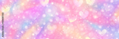 Adorable sweet unicorn bg with a seamless pattern of hearts and bubbles. Pastel candy sky with pink rainbow. Gradient mermaid background. Vector abstract illustration