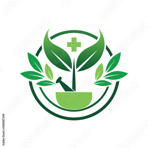 Pharmacy logo template design with bowl and leaves herbal medicine.Logos for medicine, doctor and pharmacy icon vector